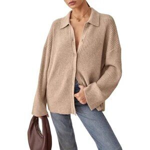 Reformation Fantino Cashmere Collared Cardigan, Oatmeal, Size Small